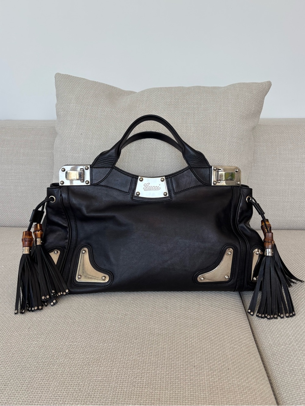 Gucci Race Indy Black Leather Bamboo Tassel Handbag